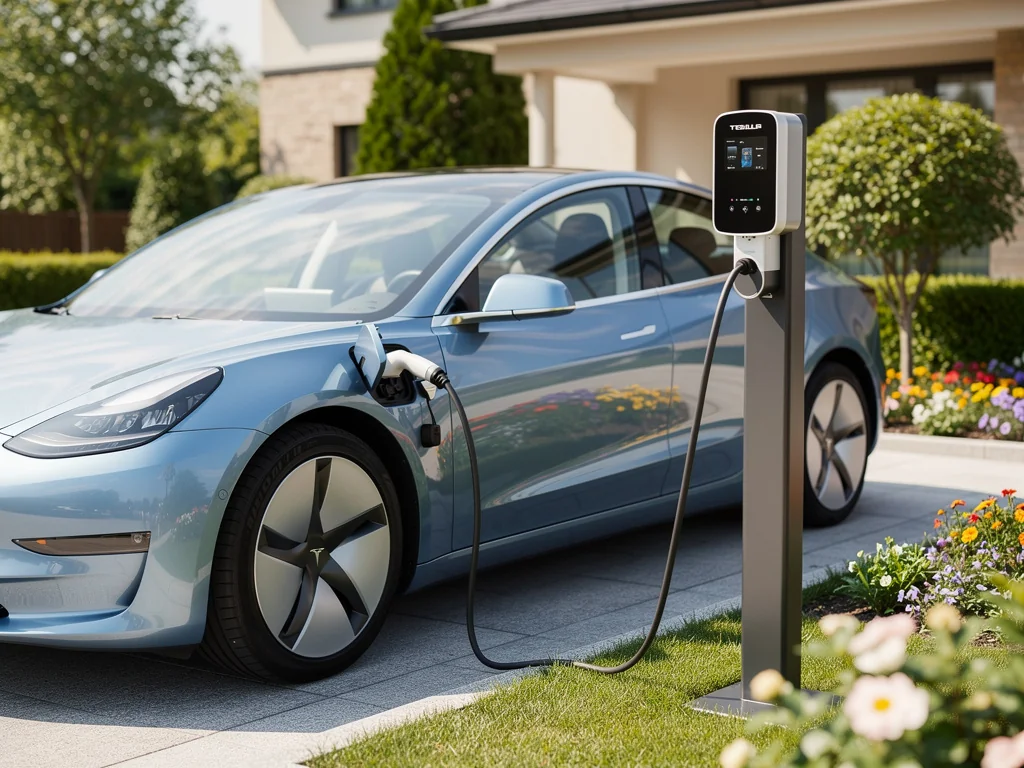 Voiture électrique branchée sur une borne de recharge extérieure