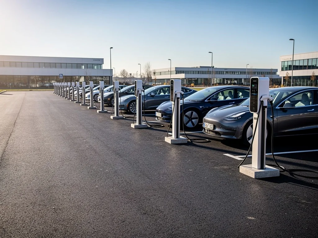 Bornes de recharge sur pied alignées sur un parking d'entreprise
